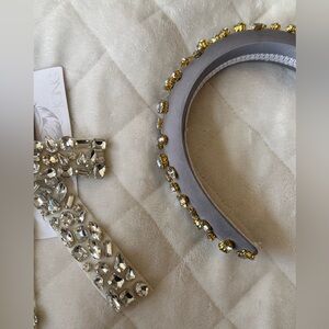 Icing Silver Crystal Hair Clip and Gray Headband with Gold Accents